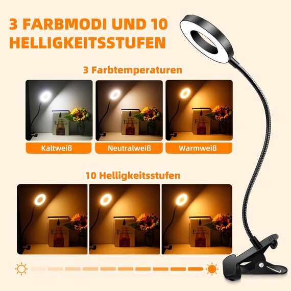 Akynite Klemmlampe Bett mit USB Adapter, 48 LED Schwanenhals Lampe, 3 Farbmodi 10 Helligkeit, Flexibel Leselampe Bett Klemmbar, Bettlampe Klemme, Lampe USB Klemmleuchte Schwarz