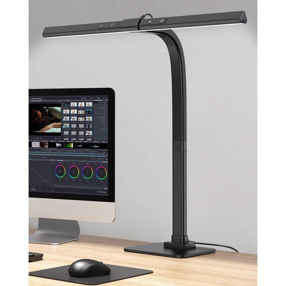 KableRika Schreibtischlampe LED Dimmbar, 12W Augenschutz Arbeitslampe für Homeoffice, Verstellbarer Schwanenhals Architektenlampe, Büro Tischlampe, Monitor Lampe mit 6 Farbmodi, Auto-Dimmen - Schwarz
