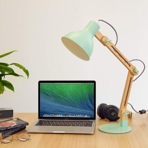 tomons Schreibtischlampe, LED Tischlampe im Klassichen Holz-Design, Nachttischlampe, Lampe mit Verstellbarem Arm, Tischlampe Wohnzimmer für Zimmer Büro, Weiß