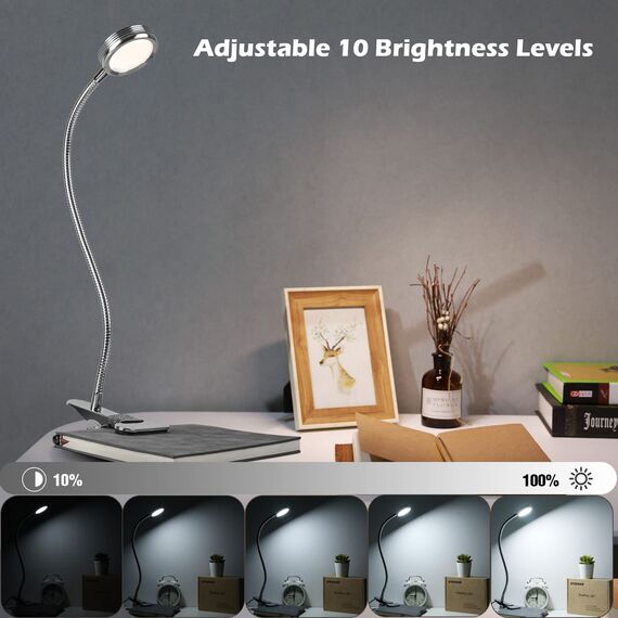 EYOCEAN Leselampe, LED Klemmlampe, 360° Flexibel Schwanenhals Lampe, 3 Farbmodi & 9 Helligkeitsstufen, Augenpflege Schreibtischlampe für Büro Heimgebrauch, CE Adapter Enthalten, 5W, Silber