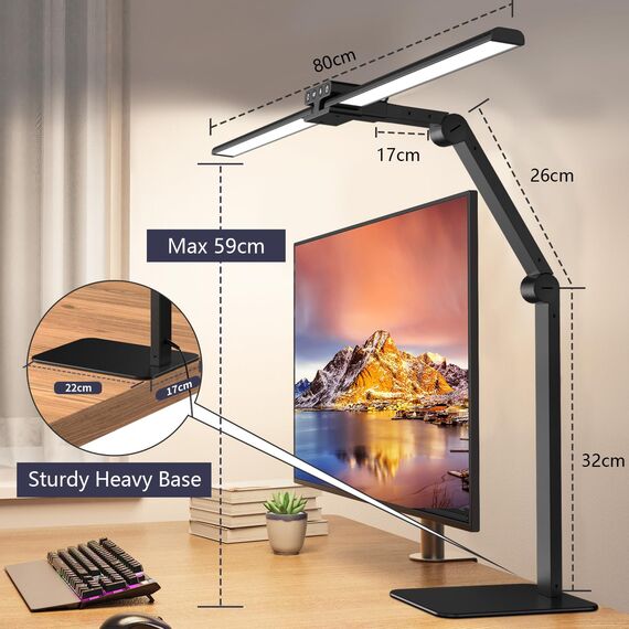 KableRika Schreibtischlampe LED Doppelkopf: 24W Dimmbar Schreibtischleuchte mit Metallbasis - Augenschutz büro tischlampe für Homeoffice - moderne tageslichtlampe beleuchtung für Monitor - Schwarz