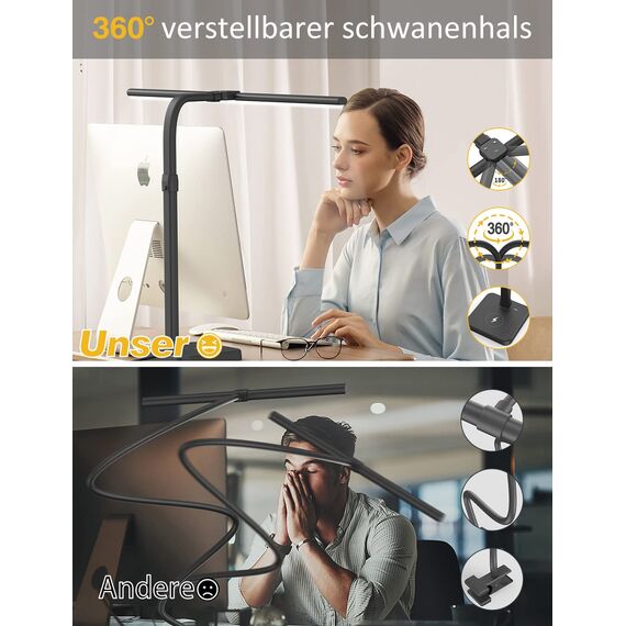 tantu Schreibtischlampe Led Dimmbar,24W 80CM Doppelkopf Schreibtisch Lampe, 5 Farb 5 Helligkeitsstufen Bürolampe Schwanenhals, Schreibtischlampe mit Sockel (Schwarz)
