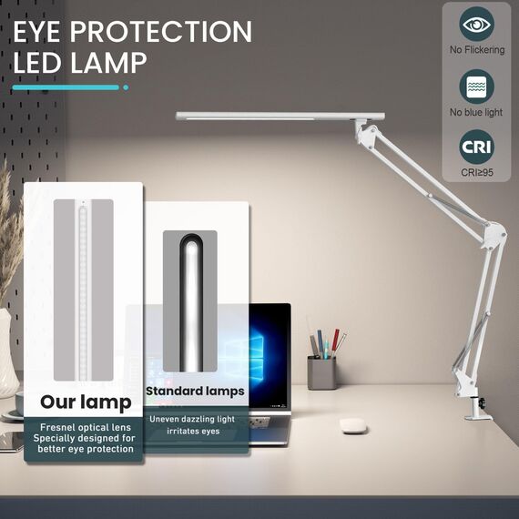 Schreibtischlampe für das Heimbüro, Schreibtischlampe Klemmbar , Architektenleuchte mit QC3.0 Adapter, Fresnel Linse, Tischlampe, 5 Farbmodi und Helligkeit, Klemmlampe mit Speicherfunktion, Weiß