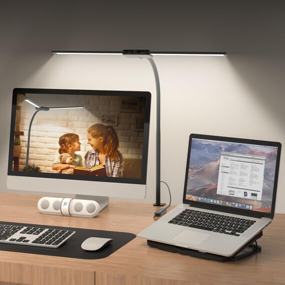 rigors 60CM Doppelkopf Schreibtischlampe LED Dimmbar, 900LM Tageslichtlampe für Schreibtisch, Klemmbar Augenschutz Bürolampe 5 Farb 10 Helligkeit, 360° Schwanenhals Tischlampe mit Netzadapter