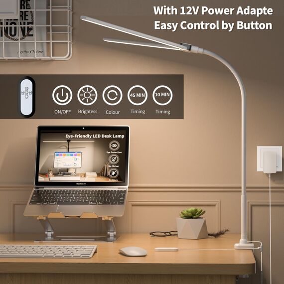 rigors 80CM Doppelkopf Schreibtischlampe LED Dimmbar, 1200LM Tageslichtlampe für Schreibtisch, Klemmbar Augenschutz Bürolampe 5 Farb 10 Helligkeit, 360° Schwanenhals Tischlampe mit Netzadapter (Weiß)