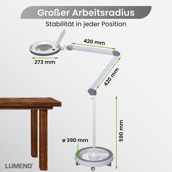 Lumeno dimmbare LED Lupenleuchte 8515GR mit großer 152 mm Echtglaslinse, einstellbare Helligkeitsstufen, geeignet als Arbeitsleuchte, Lupenlampe, Lesehilfe, 5 Dioptrien mit Rollstativ Grau