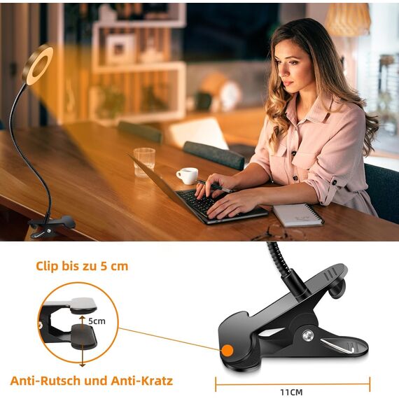 Akynite Klemmlampe Bett mit USB Adapter, 48 LED Schwanenhals Lampe, 3 Farbmodi 10 Helligkeit, Flexibel Leselampe Bett Klemmbar, Bettlampe Klemme, Lampe USB Klemmleuchte Schwarz