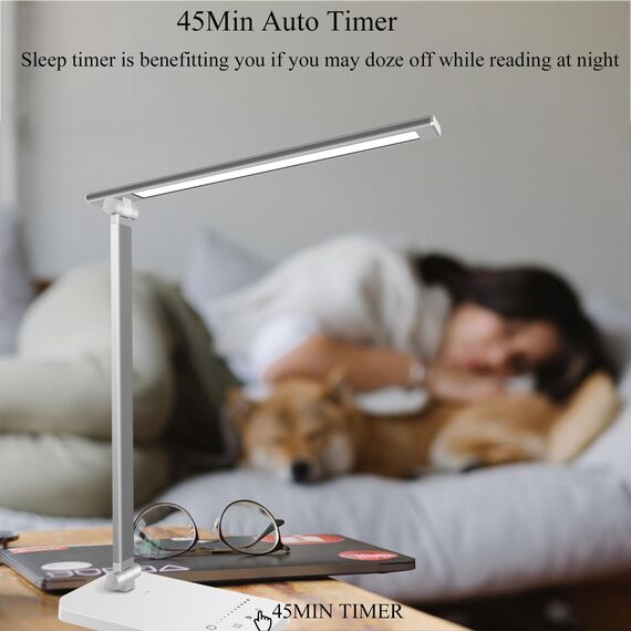 Qualore Schreibtischlampe, LED Tischlampe Dimmbar mit 5 Helligkeitsstufen 5 Farb, USB Anschluss, Auto Timer, Touchpanel, Memory-Funktion, Augenfreundliche Nachttischlampe für Kinder Mädchen