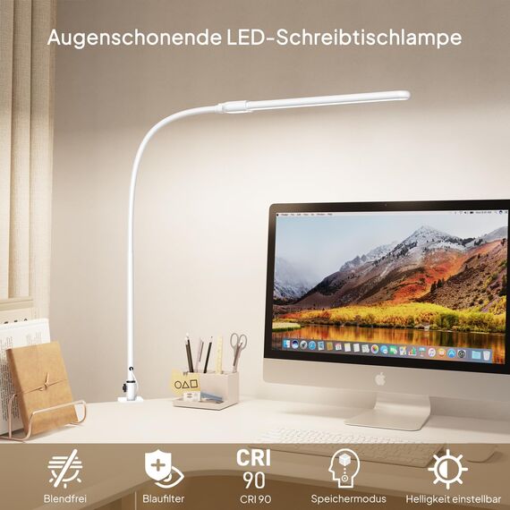 KableRika Schreibtischlampe LED dimmbar mit Gestensteuerung, Schreibtischlampe klemmbar mit 3 Farbmodi, Augenschutz-Tischlampe für Büro, Homeoffice & Monitor weiße