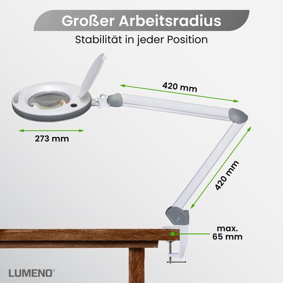 Lumeno dimmbare LED Lupenleuchte 8513GR mit großer 152 mm Echtglaslinse, einstellbare Helligkeitsstufen, geeignet als Arbeitsleuchte, Lupenlampe, Lesehilfe, 3 Dioptrien Grau