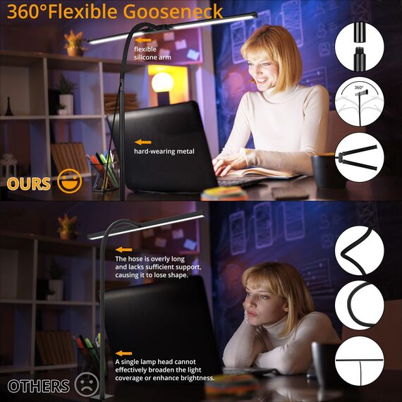Woputne Schreibtischlampe LED Dimmbar, 960 Lumen Tischlampe mit Doppelkopf & Hals, Augenschutz für Homeoffice, 5 Farben und 10 Helligkeitsstufen, Klemmbar für Büro, Monitor & Arbeitsplatz