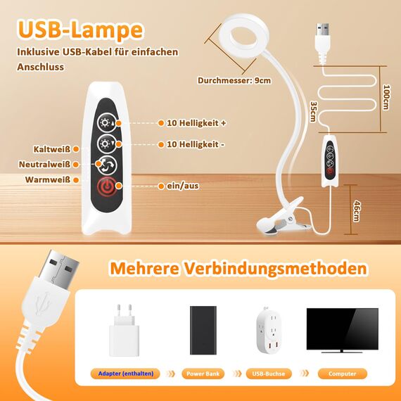 Akynite Klemmleuchte USB Weiß mit Adapter und Kabel, 48 LED Make Up Schwanenhals Lampe, 3 Farbwechsel & 10 Helligkeit, Flexibel Leselampe Bettlampe Klemmbar, Bett Lampe Kopfteil Schreibtischlampe