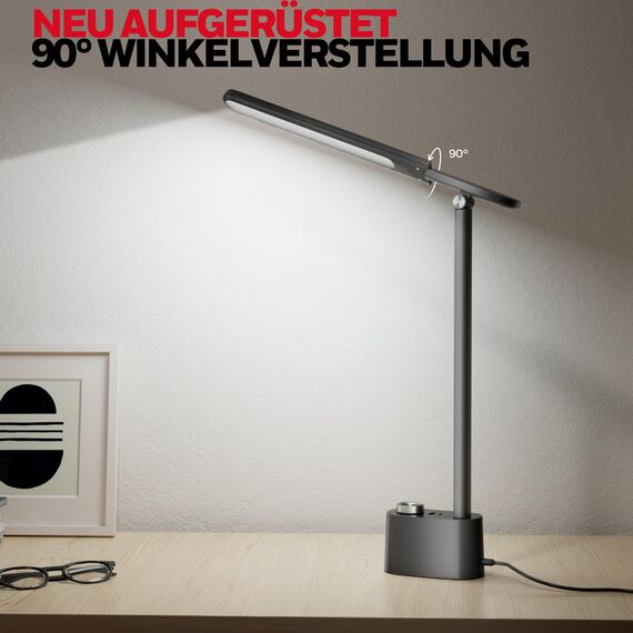 Honeywell Upgraded LED-Schreibtischlampe - H01 Pro Sunturalux™ klappbare Schreibtischlampe mit USB A+C Ladeanschluss, 3 Farbmodi dimmbare Tischlampe für Zuhause Büro Lesen (Schwarz)