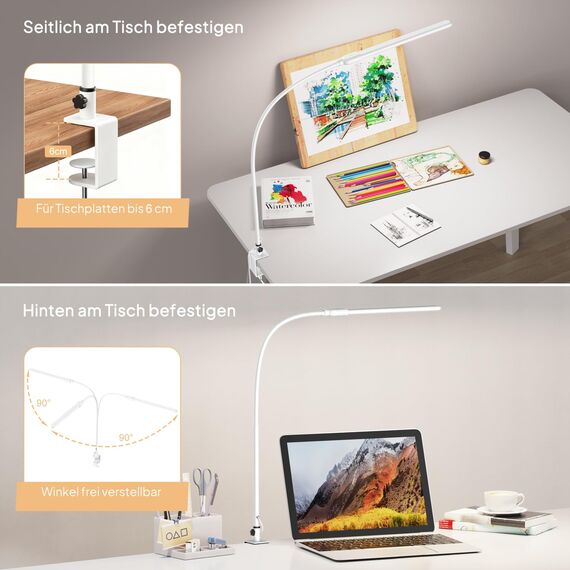 KableRika Schreibtischlampe LED dimmbar mit Gestensteuerung, Schreibtischlampe klemmbar mit 3 Farbmodi, Augenschutz-Tischlampe für Büro, Homeoffice & Monitor weiße