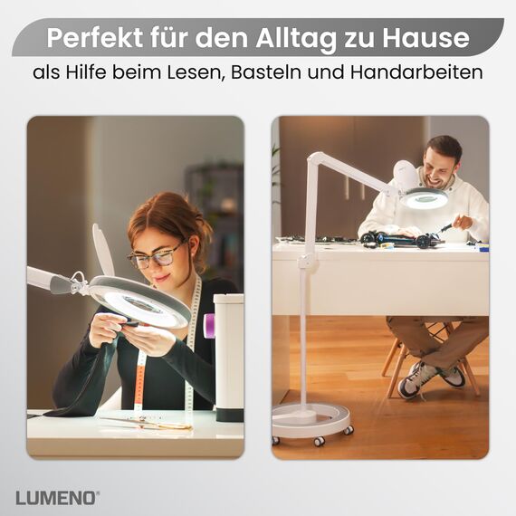 Lumeno dimmbare LED Lupenleuchte 8515GR mit großer 152 mm Echtglaslinse, einstellbare Helligkeitsstufen, geeignet als Arbeitsleuchte, Lupenlampe, Lesehilfe, 5 Dioptrien mit Rollstativ Grau
