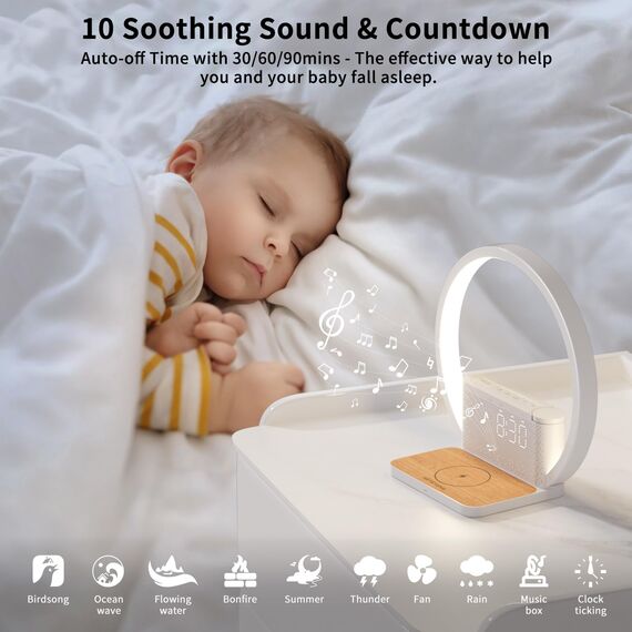 RETEYUNG Nachttischlampe mit 10W Kabelloser Ladefunktion,2 Wecker Tischlampe,Tageslichtwecker mit 10 Beruhigender Klang, Nachttischlampen Touch Dimmbar 3 Helligkeitsstufen (Art Deco)