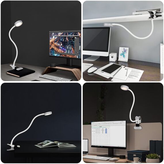 EYOCEAN Leselampe, LED Klemmleuchte, Schwanenhals Lampe, Kinder Nachttischlampe, 3 Farbmodi & 9 Helligkeitsstufen, Augenpflege Schreibtischlampe für Büro Heimgebrauch, Adapter Enthalten, 6W, Weiß