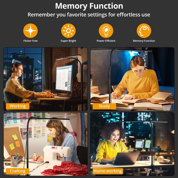 Woputne Schreibtischlampe LED Dimmbar, 960 Lumen Tischlampe mit Doppelkopf & Hals, Augenschutz für Homeoffice, 5 Farben und 10 Helligkeitsstufen, Klemmbar für Büro, Monitor & Arbeitsplatz