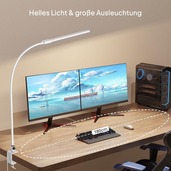 KableRika Schreibtischlampe LED dimmbar mit Gestensteuerung, Schreibtischlampe klemmbar mit 3 Farbmodi, Augenschutz-Tischlampe für Büro, Homeoffice & Monitor weiße