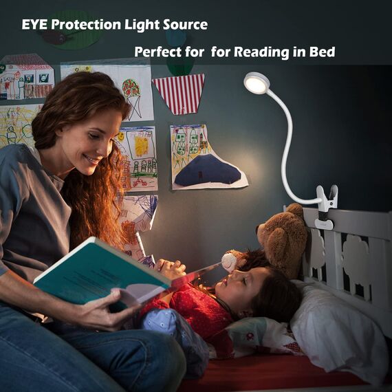 EYOCEAN Leselampe, LED Klemmleuchte, Schwanenhals Lampe, Kinder Nachttischlampe, 3 Farbmodi & 9 Helligkeitsstufen, Augenpflege Schreibtischlampe für Büro Heimgebrauch, Adapter Enthalten, 6W, Weiß