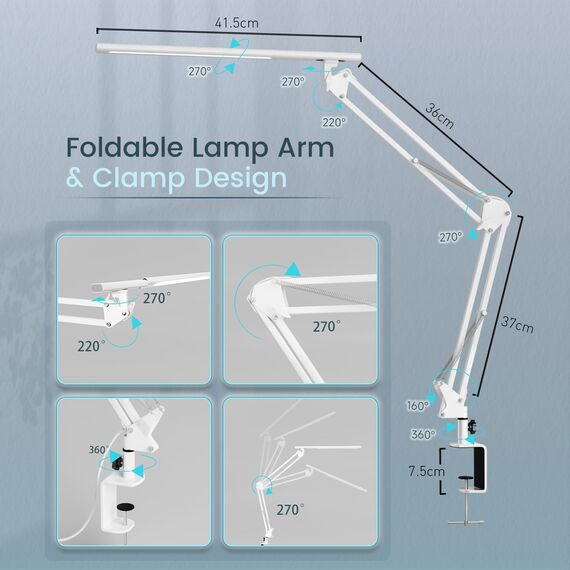 Schreibtischlampe für das Heimbüro, Schreibtischlampe Klemmbar , Architektenleuchte mit QC3.0 Adapter, Fresnel Linse, Tischlampe, 5 Farbmodi und Helligkeit, Klemmlampe mit Speicherfunktion, Weiß