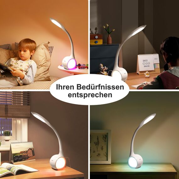 WILIT LED Schreibtischlampe Kinder, Schreibtischlampe Farbwechsel Nachttischlampe Kinder Jungen Mädchen, Nachttischlampe Touch Dimmbar mit 3 Helligkeitsstufen, Weiß