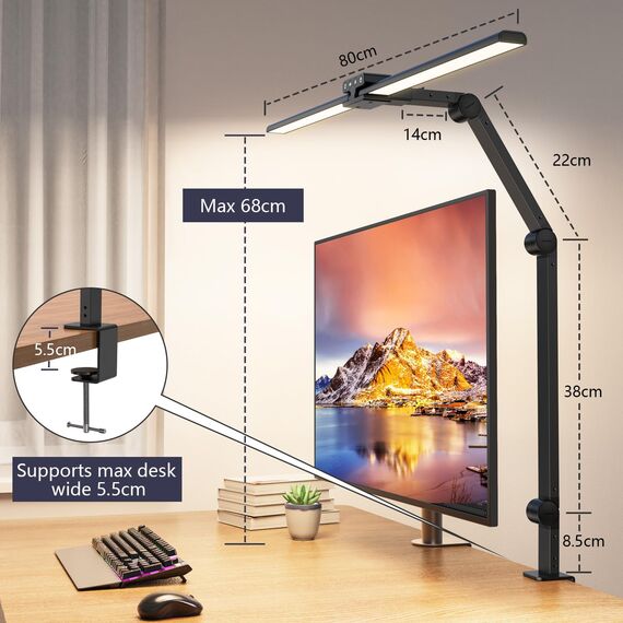 KableRika Schreibtischlampe LED Dimmbar, 24W 80cm ultrahelle Doppelkopf Schreibtischlampe Klemmbar, 1200lm Augenschutz Büro Tischlampe Mit Schwenkarm, Monitor Lampe, Tageslichtlampe, Auto-Dimmen