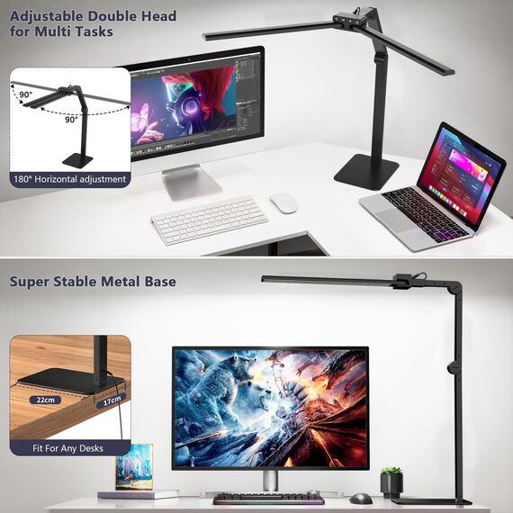 KableRika Schreibtischlampe LED Doppelkopf: 24W Dimmbar Schreibtischleuchte mit Metallbasis - Augenschutz büro tischlampe für Homeoffice - moderne tageslichtlampe beleuchtung für Monitor - Schwarz