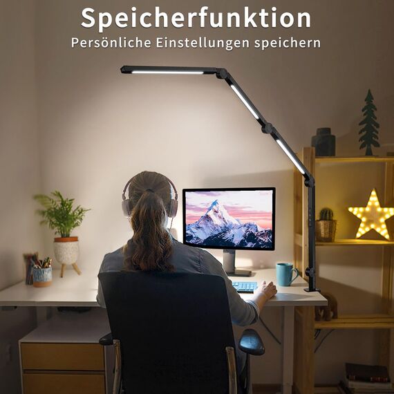 vimeepro Led Schreibtischlampe klemmbar,Tischlampe 4 Sektionen Schwingarm Tageslichtlampe Schreibtisch,Touch Control Helligkeitsstufen 5 Helligkeit 4 Farbmodi, Speicherfunktion desk Lamp