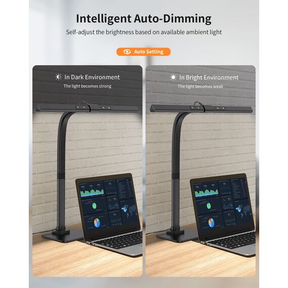 KableRika Schreibtischlampe LED Dimmbar, 12W Augenschutz Arbeitslampe für Homeoffice, Verstellbarer Schwanenhals Architektenlampe, Büro Tischlampe, Monitor Lampe mit 6 Farbmodi, Auto-Dimmen - Schwarz