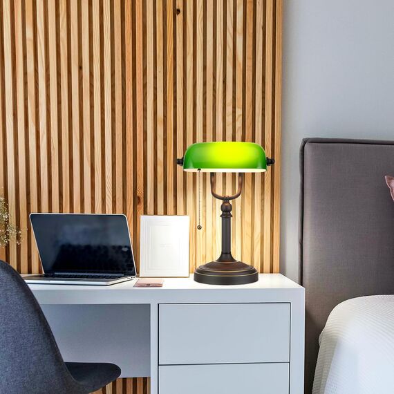 Newrays Banker-Schreibtischlampe aus antikem grünem Glas mit Zugkettenschalter-Plug-in-Befestigung (Green) (Green-AG)