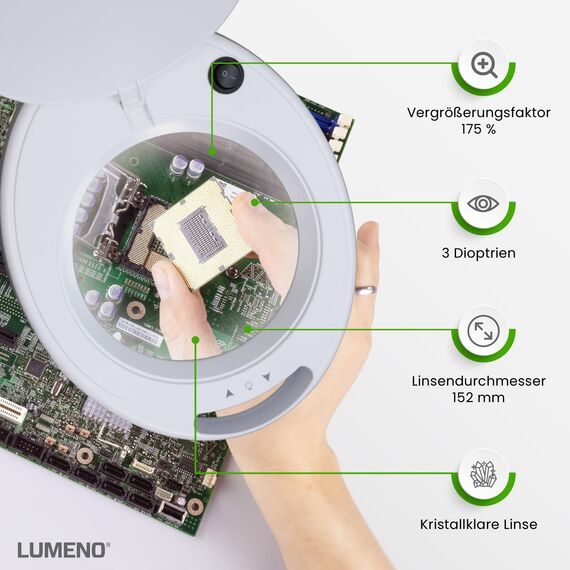 Lumeno dimmbare LED Lupenleuchte 8513GR mit großer 152 mm Echtglaslinse, einstellbare Helligkeitsstufen, geeignet als Arbeitsleuchte, Lupenlampe, Lesehilfe, 3 Dioptrien mit Rollstativ Grau
