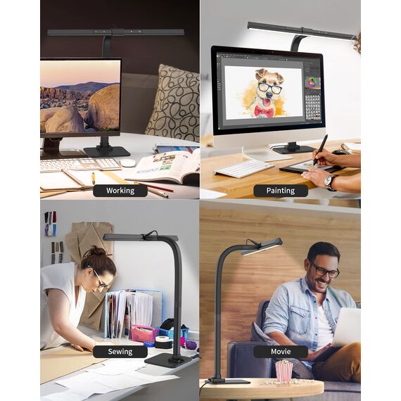 KableRika Schreibtischlampe LED Dimmbar, 12W Augenschutz Arbeitslampe für Homeoffice, Verstellbarer Schwanenhals Architektenlampe, Büro Tischlampe, Monitor Lampe mit 6 Farbmodi, Auto-Dimmen - Schwarz