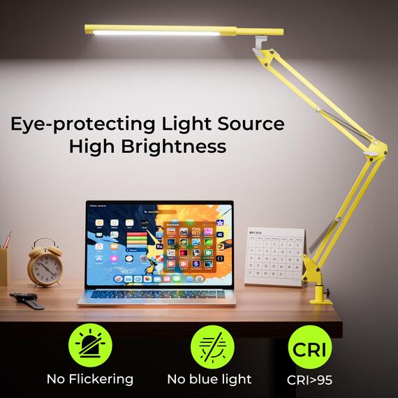 VERSKI Schreibtischlampe für das Heimbüro, Schreibtischlampe Klemmbar, Architektenleuchte mit QC3.0 Adapter, Fresnel Linse, Tischlampe, 5 Farbmodi und Helligkeit, Klemmlampe mit Speicherfunktion, Gelb