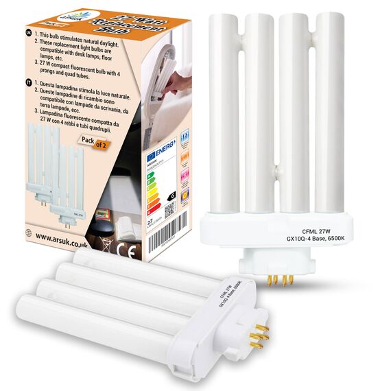 ARSUK Leuchtmittel YDW-27FM GX10q-4 27W 6500K FML Quad Tube – Kompakt Ersatz Leuchtstoffröhre & Tageslichtlampe für Schreibtischlampe, Nachttisch, Tischleuchte, Bürolampe, Lesen (Lot de 2)