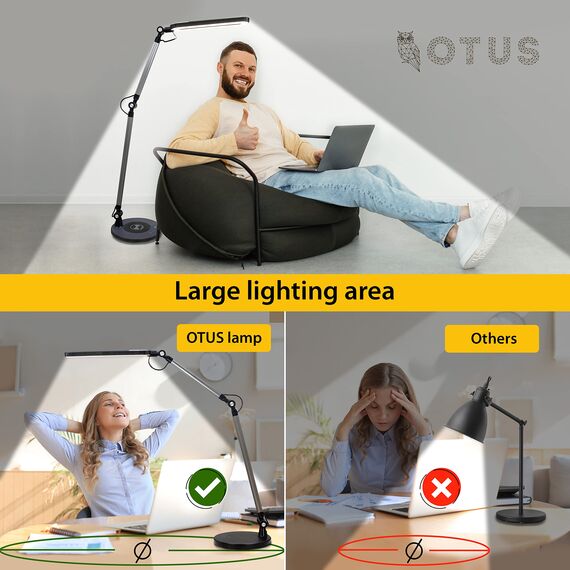 OTUS Schreibtischlampe LED Dimmbar mit Kabelloser Ladefunktion (Qi Wireless Charger) | Verstellbare Tischlampe mit 3 Farbmodi & 12 Helligkeitsstufen | Augenschonendes Licht für Home Office & Arbeiten