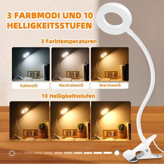 Akynite 48 LED Klemmleuchte mit 3 Farbwechsel und 10 Helligkeit, USB Schwanenhals Klemmlampe Flexibel mit Kabel, Leselampe Bett Kopfeil Klemme, Clip on LED Schreibtischlampe Weiss