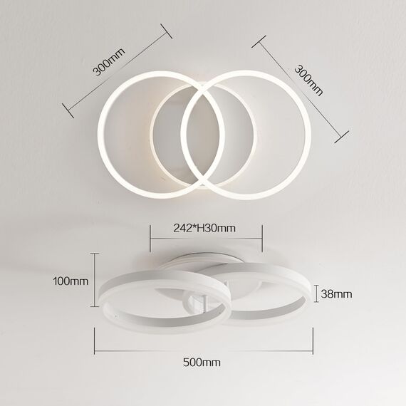 Amdelne LED Deckenlampe Wohnzimmer 50cm 2-Ringe Design, 36W Deckenleuchte Moderne mit Fernbedienung Dimmbar, aus Metall+Acryl,Mit Nachtlicht Memory-Funktion, für Schlafzimmer, Esszimmer, Büro,Weiß