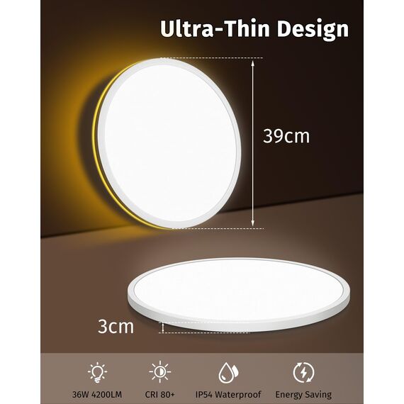 Bowfar LED Deckenleuchte Flach, 36W 4200LM Deckenlampe mit Fernbedienung Dimmbar 3000K-6500K, 1800K Nachtlicht Amber, Badezimmer Lampe für Wohnzimmer Küche Kinderzimmer Flur Schlafzimmer Ø39cm, Rund