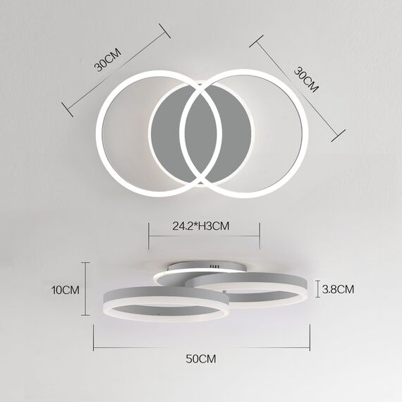 Amdelne LED Deckenlampe Wohnzimmer 50cm 2-Ringe Design, 36W Deckenleuchte Moderne mit Fernbedienung Dimmbar, aus Metall+Acryl,Mit Nachtlicht Memory-Funktion, für Schlafzimmer, Esszimmer, Büro-Grau