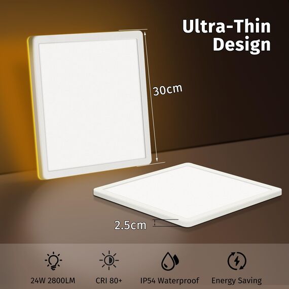 Bowfar LED Deckenleuchte Flach, 24W 2800LM Deckenlampe mit Fernbedienung Dimmbar 3000K-6500K, 1800K Nachtlicht Amber, Badezimmer Lampe für Wohnzimmer Küche Kinderzimmer Flur Schlafzimmer Ø29.5x2.5cm