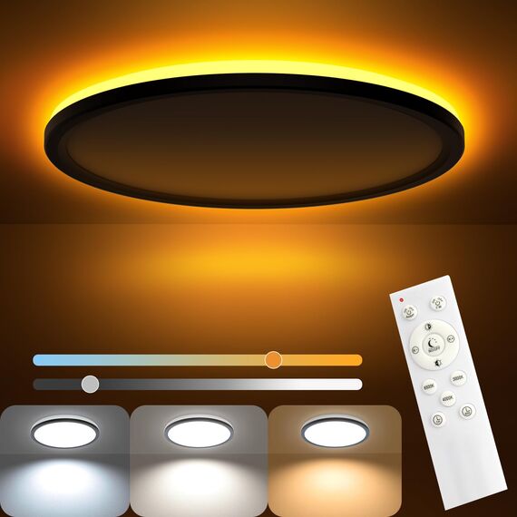 AmazeFan LED Deckenleuchte Dimmbar - 34W 3400LM Deckenlampe mit Fernbedienung - 8W Nachtlicht Warm-LED Deckenleuchte Flach für Schlafzimmer Kinderzimmer Wohnzimmer-Rund (34W-39CM-Schwarz)