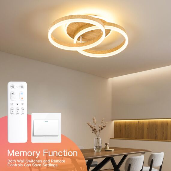 Amdelne LED Deckenlampe Wohnzimmer 50cm 2-Ringe Design, 36W Deckenleuchte Moderne mit Fernbedienung Dimmbar, aus Acryl, Mit Nachtlicht Memory-Funktion, für Schlafzimmer, Esszimmer, Büro, Holzoptik