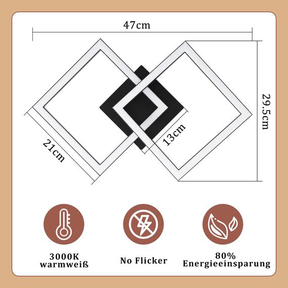 Homefire Deckenlampe LED Deckenleuchte Küche: 24W Küchenlampe Schwarz Wohnzimmerlampe Modern Design Flurlampe Warmweiß Flur Schlafzimmerlampe Eckig Deckenbeleuchtung für Wohnzimmer Schlafzimmer