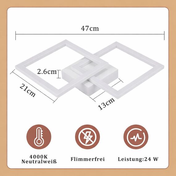 Homefire Deckenlampe LED Deckenleuchte Küche - 2ER Modern Küchenlampe 24W 4000K Wohnzimmerlampe Design Flurlampe Neutralweiß Schlafzimmerlampe Flur Deckenbeleuchtung Weiß für Kinderzimmer Schlafzimmer