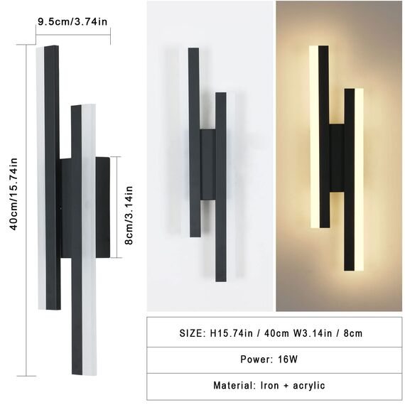 Riserva Wandleuchte LED Innen Moderne, 16W 1800LM Wandlampe LED Schwarz, Kreative Lange Parallele Wandleuchte für Wohnzimmer Korridor Treppen, Warmweiß 3000K, 40cm