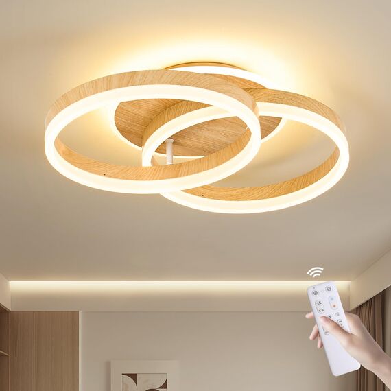 Amdelne LED Deckenlampe Wohnzimmer 50cm 2-Ringe Design, 36W Deckenleuchte Moderne mit Fernbedienung Dimmbar, aus Acryl, Mit Nachtlicht Memory-Funktion, für Schlafzimmer, Esszimmer, Büro, Holzoptik