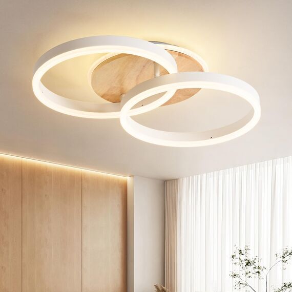Amdelne LED Deckenlampe Wohnzimmer 50cm 2-Ringe Design, 36W Deckenleuchte Moderne mit Fernbedienung Dimmbar, aus Metall+Acryl, mit Speicherfunktion, für Schlafzimmer Esszimmer Büro, Weiß+holz