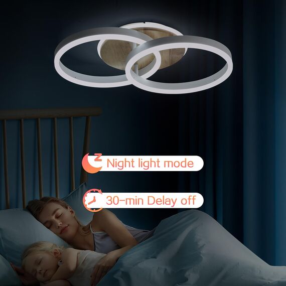 Amdelne LED Deckenlampe Wohnzimmer 50cm 2-Ringe Design, 36W Deckenleuchte Moderne mit Fernbedienung Dimmbar, aus Metall+Acryl, mit Speicherfunktion, für Schlafzimmer Esszimmer Büro, Weiß+holz