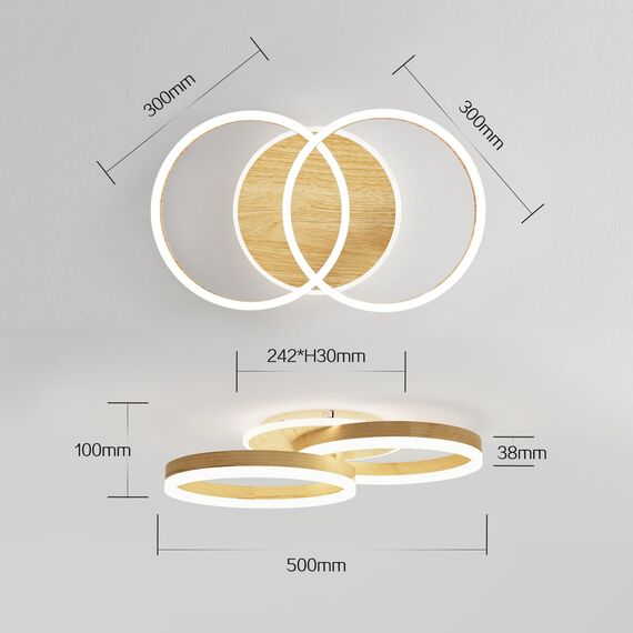 Amdelne LED Deckenlampe Wohnzimmer 50cm 2-Ringe Design, 36W Deckenleuchte Moderne mit Fernbedienung Dimmbar, aus Acryl, Mit Nachtlicht Memory-Funktion, für Schlafzimmer, Esszimmer, Büro, Holzoptik